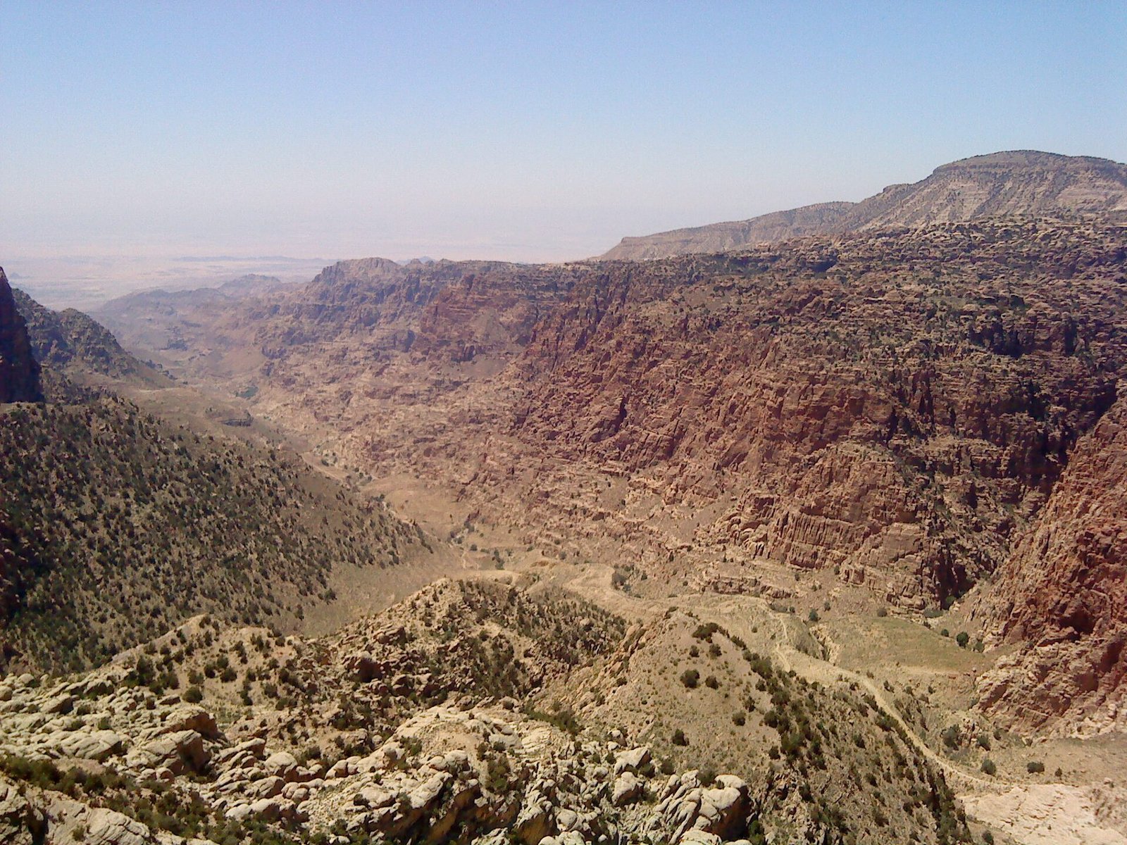 Layered sandstone cliffs and a deep valley in the Dana Biosphere Reserve, Jordan.